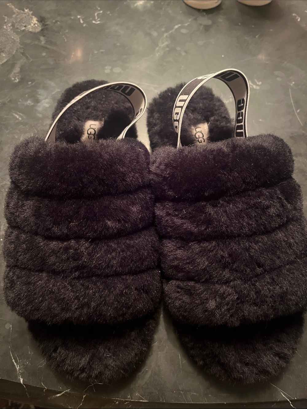 UGG Black Fluffy Slider with Branded Sling